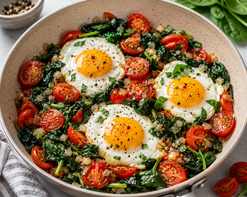 Huevos con espinacas y tomate